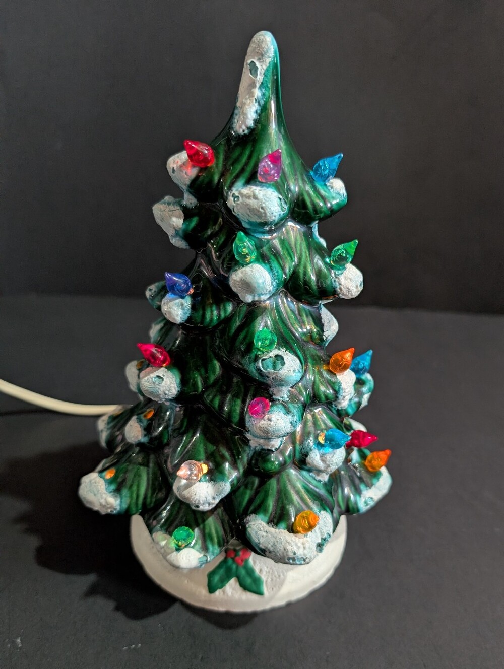 Vtg Ceramic Flocked Christmas Tree 9" Holland Mold Colored Lights Up 1970's
